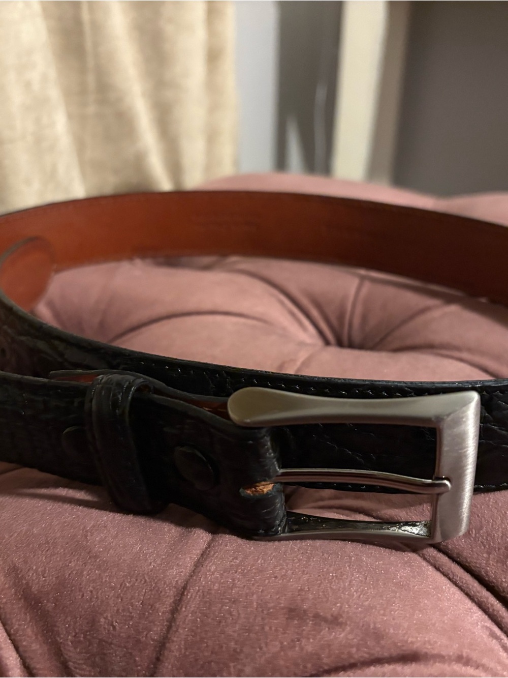 Saks Fifth Avenue Black Crocodile Leather Belt with Silver-Tone Buckle